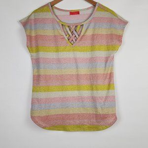 Love Scarlett Metallic Striped Short Sleeve Blouse Top Size Sparkly Pink Medium